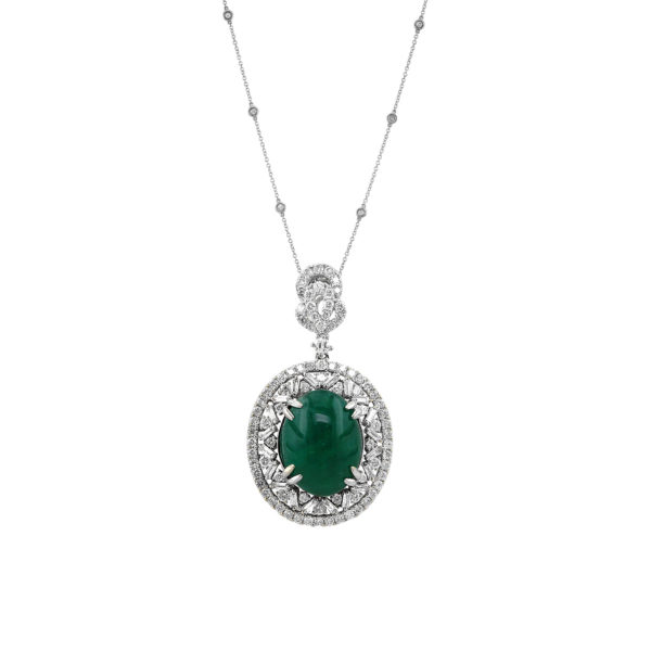 Emerald Pendant Oval Cabochon Almost 10 Carats With Diamonds Around On ...