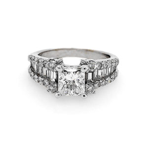 1.0 Carat Princess Cut Diamond Engagement Ring Set On 18kt With Baguette Cut Diamonds And Round Diamonds On The Band