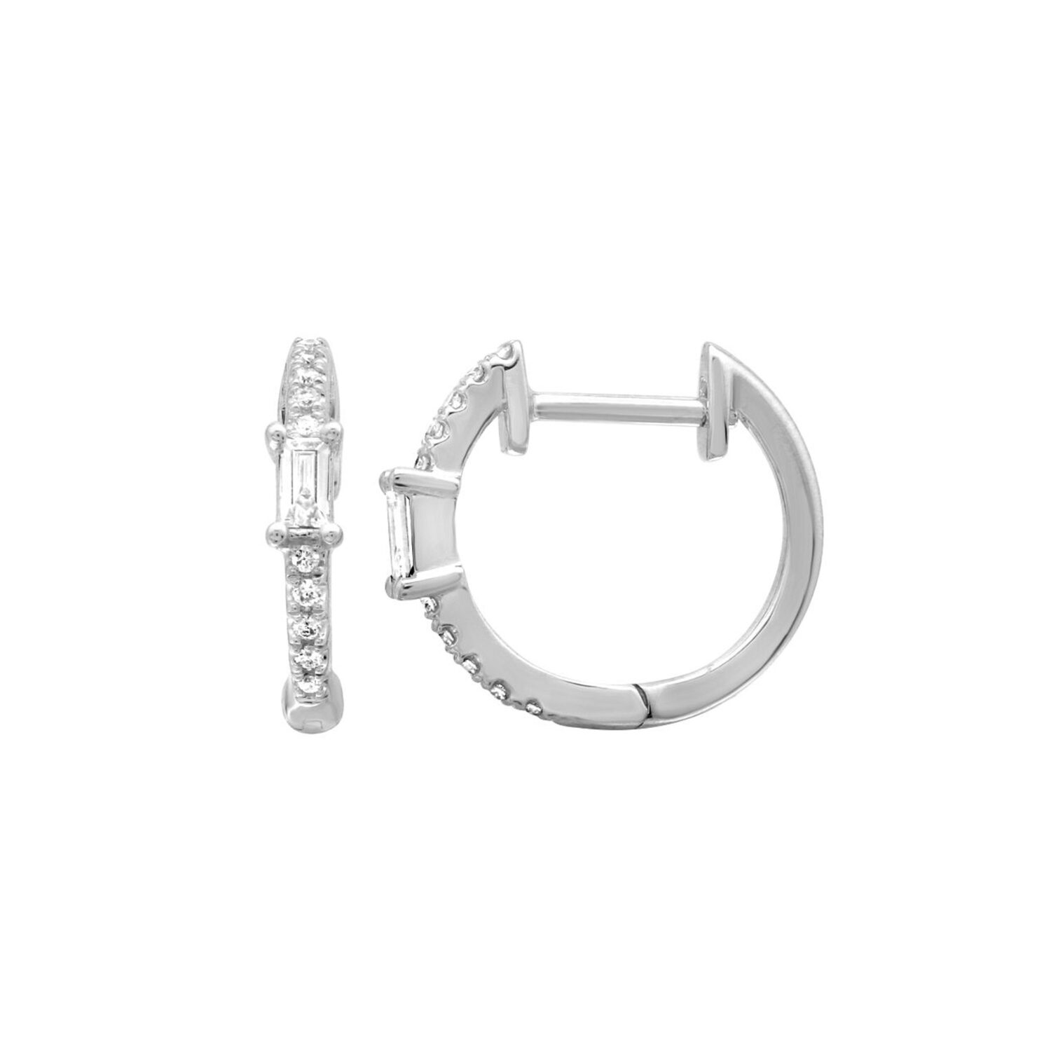 Small Diamond Hoop Earrings With Baguette And Round Diamond 14 Karat