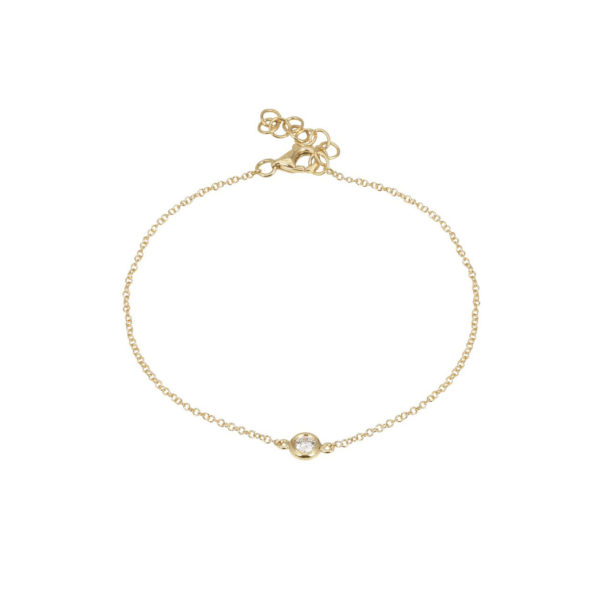 Single Diamond Bezel Bracelet Thin Link 7" 14 Karat Gold