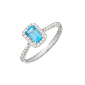 Blue Topaz 3/4 Carat Emerald Cut Halo with Diamonds Ring 14 Karat