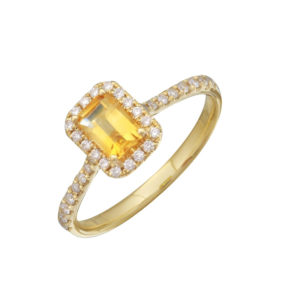 Yellow Citrine 0.50 Carat Emerald Cut Baguette Gemstone in a Diamond Halo 0.19 Carats 14 Karat Ring Diamond Band