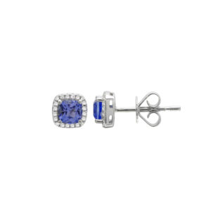 Tanzanite Stud earrings with diamonds around in a halo