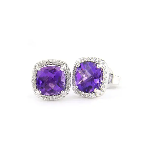 Cushion Cut Amethyst Stud Earrings With Diamonds in a Halo in 14 Karat Gold
