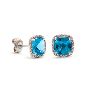 Blue Topaz Cushion Cut Studs Earrings With Diamonds Around In 14 K Gold