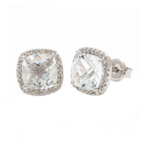 White Topaz Cushion Stud Earrings With Diamonds Around Set In 14 k Gold