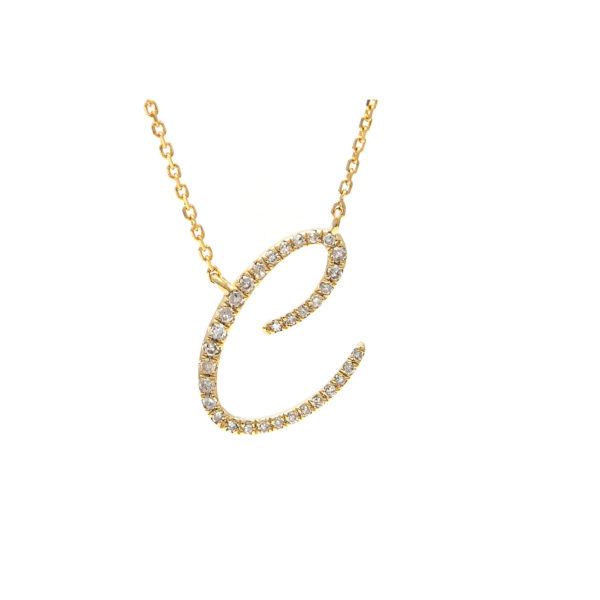 Initial Script C With Diamonds 14 Karat Gold Necklace 16" + 2"