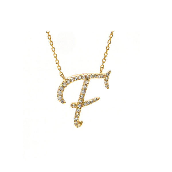 Initial Script F With Diamonds 14 Karat Gold Necklace 16" + 2"