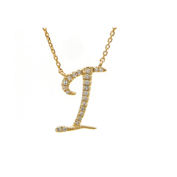 Initial Script I With Diamonds 14 Karat Gold Necklace 16" + 2"