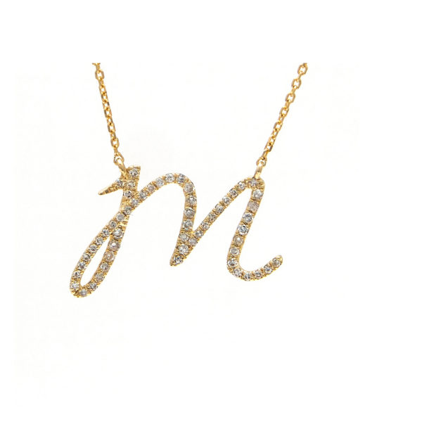 Initial Script M With Diamonds 14 Karat Gold Necklace 16" + 2"