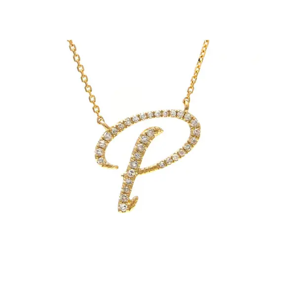 Initial Script P With Diamonds 14 Karat Gold Necklace 16" + 2"