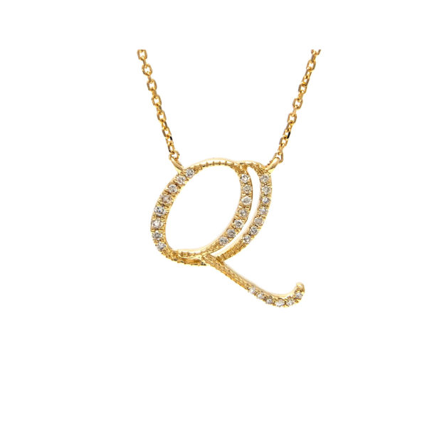 Initial Script Q With Diamonds 14 Karat Gold Necklace 16" + 2"