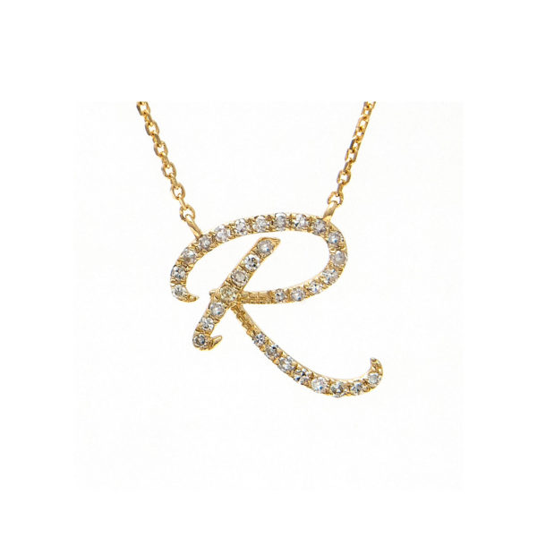 Initial Script R With Diamonds 14 Karat Gold Necklace 16" + 2"