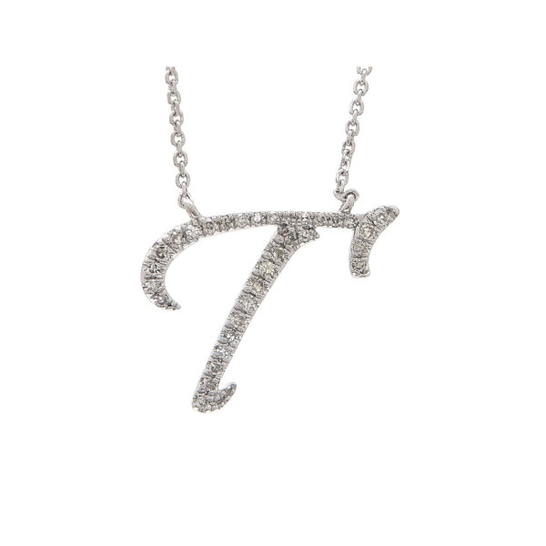 Initial Script T With Diamonds 14 Karat Gold Necklace 16" + 2"