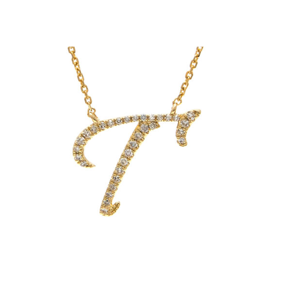 Initial Script T With Diamonds 14 Karat Gold Necklace 16" + 2"