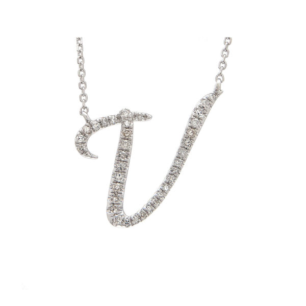 Initial Script V With Diamonds 14 Karat Gold Necklace 16" + 2"