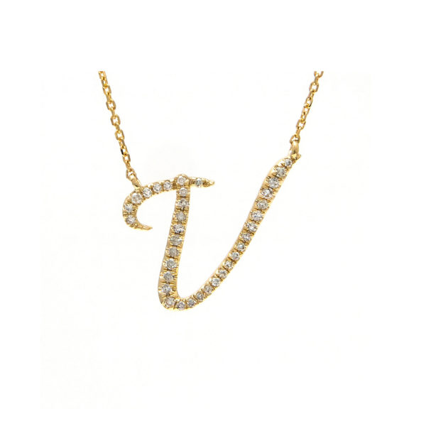 Initial Script V With Diamonds 14 Karat Gold Necklace 16" + 2"