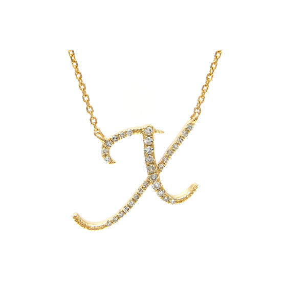 Initial Script X With Diamonds 14 K Gold Necklace 16" + 2"