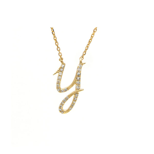 Initial Script Y With Diamonds 14 Karat gold Necklace 16" + 2"