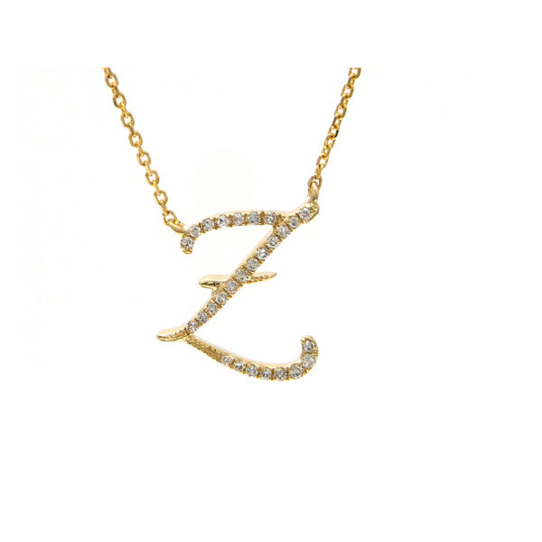 Initial Script Z With Diamonds 14 Karat Gold Necklace 16" + 2"