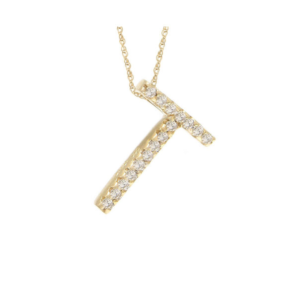 Initial T with diamonds in yellow gold