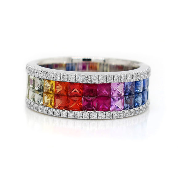 Multicolor Sapphire Double Row 18 Karat White Gold Band