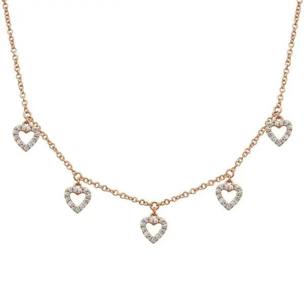 14k Gold Five Heart Diamond Necklace
