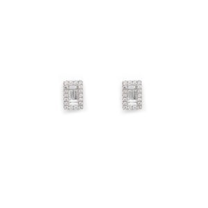 Baguette and Round Diamonds Rectangle Stud Earrings 18k White Gold