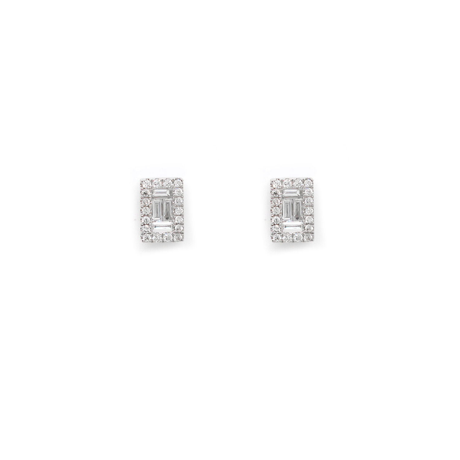 Baguette and Round Diamonds Rectangle Stud Earrings 18k White Gold ...