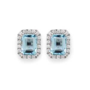 18K White Emerald Cut Blue Topaz and Diamond Earring