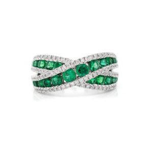 18k White Gold Emerald and Diamond Crossover Ring