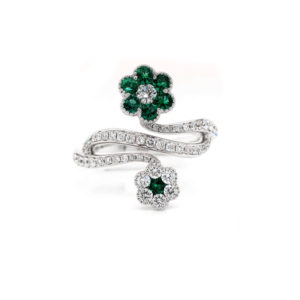 Emerald and Diamond Two Flower Ring