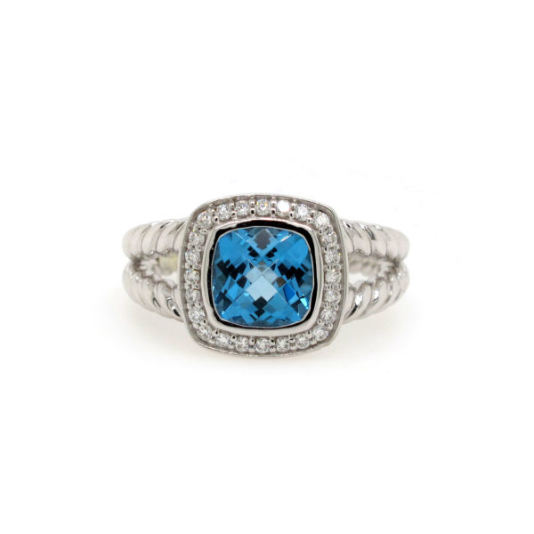 Cushion Cut Blue Topaz Halo Ring 14k White Gold