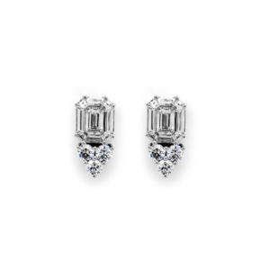 Baguette Emerald and Round Cut Diamond Stud Earrings