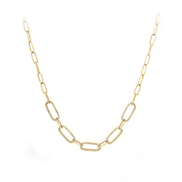 Diamond Paper Clip Link Necklace 14k Yellow Gold